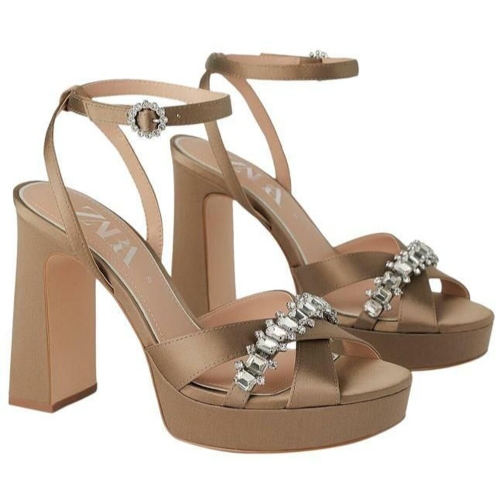 NEW ZARA Jeweled High Heel Satin Platform Sandals (Size 40/US 9)